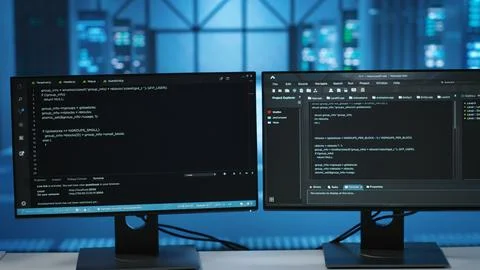 Computers in empty data center facility managing servers energy consumption 写真素材