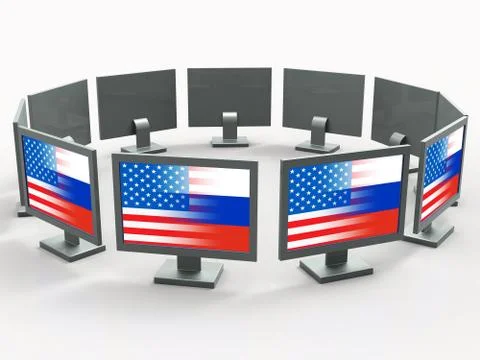 Computers With Flags Shows Hacking 3d Illustration Illustrazione stock