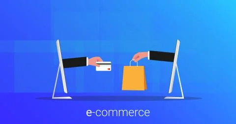Computers With Hands Giving Credit Card And Bag, Blue Background Stock Illustration