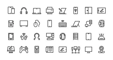 Computers line icons. Desktop PC, laptop and network station pictograms, tablet Stock Illustration