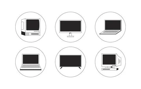 Computers, monitors in circular icons 2D line objects set イラスト素材