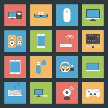 Computers, peripherals and network devices flat icons set Stock Illustration