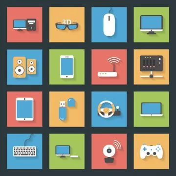Computers, peripherals and network devices flat icons set Stock Illustration