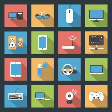 Computers, peripherals and network devices flat icons set Stock Illustration