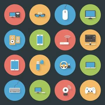 Computers, peripherals and network devices flat icons set Stock Illustration