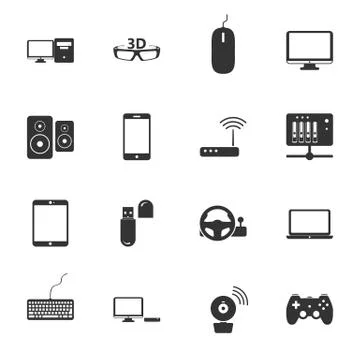 Computers, peripherals and network devices black and white flat icons set Stock Illustration