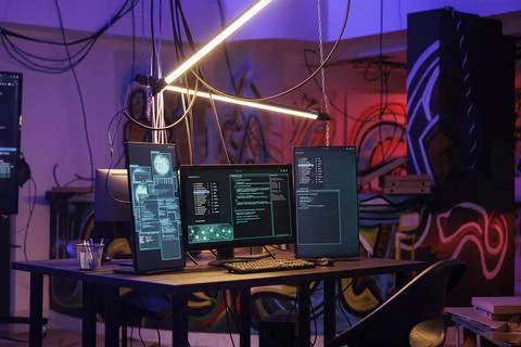 Computers with running code in warehouse Stock Photos