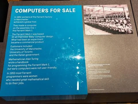 Computers for sale exhibit panel about Ferranti factory history and early c.. Foto stock