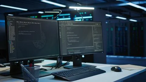 Computers in server farm managing rackmounts rigs 스톡 사진