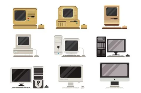 Computers set, PC evolution from obsolete to modern vector Illustrations on a 스톡 일러스트