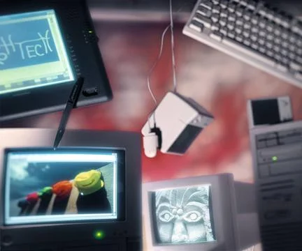 Computers Still Life Of Laptops ; Computer Screens ; Mouse And Keyboard Co... Stock Photos