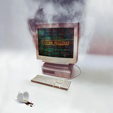 This computers time is up. Shot of a desktop computer smoking after burning out. Fotos de archivo