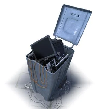Computers in a trash bin on a white background Stock Illustration