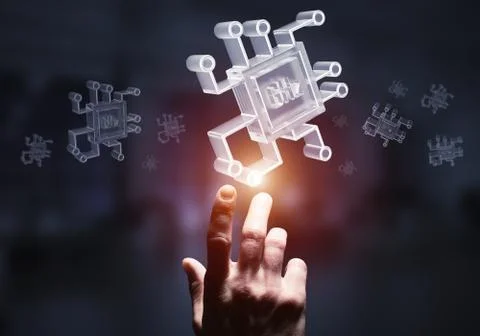 Computing and innovation concept with chip icon. Mixed media 스톡 사진