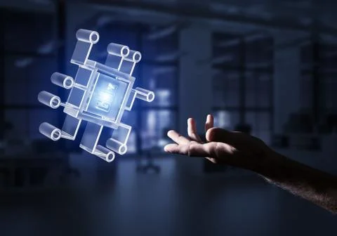 Computing and innovation concept with chip icon. Mixed media 스톡 사진