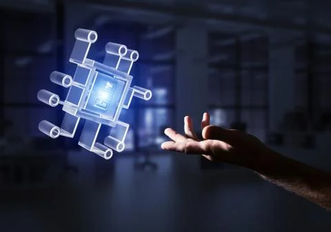 Computing and innovation concept with chip icon. Mixed media 스톡 사진