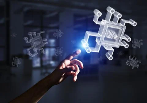 Computing and innovation concept with chip icon. Mixed media 스톡 사진