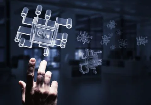 Computing and innovation concept with chip icon. Mixed media Stock Photos