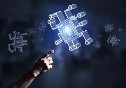 Computing and innovation concept with chip icon. Mixed media 스톡 사진