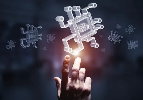 Computing and innovation concept with chip icon. Mixed media 스톡 사진