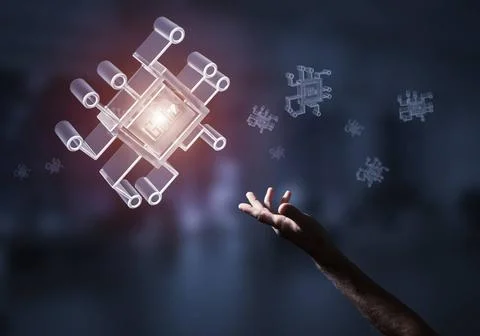 Computing and innovation concept with chip icon. Mixed media Close of busi... Stock Photos