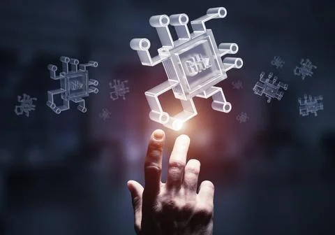 Computing and innovation concept with chip icon. Mixed media Close of busi... Stock Photos