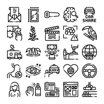 Computing brain, financial growth, social sharing, media line icons Stock Illustration