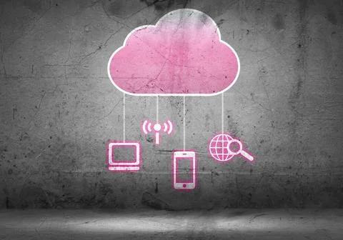 Computing cloud Colorful cloud with business icons on cement wall Copyrigh... Stockfoto's