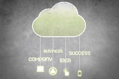 Computing cloud Colorful cloud with business icons on cement wall Copyrigh... Stock Photos