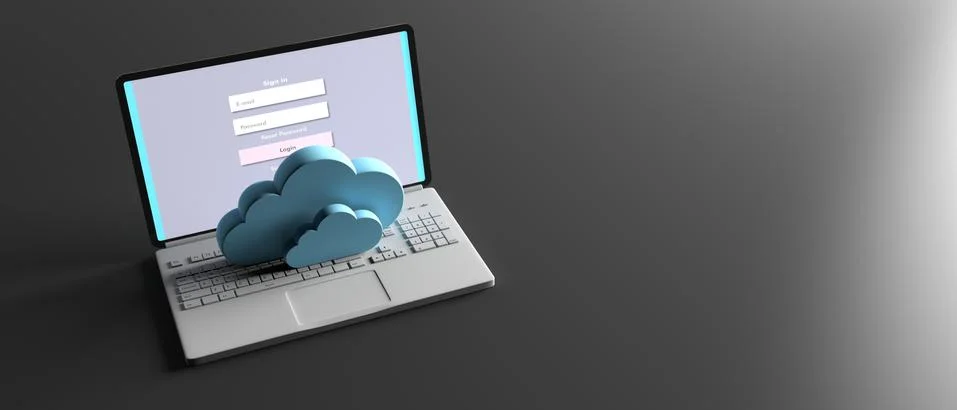 Computing cloud concept, Clouds on a laptop on black background, login on the Illustrazione stock