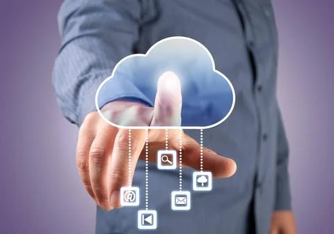 Computing concept Close up of businessman touching cloud icon with finger ... Foto stock
