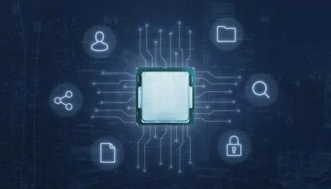 Computing concept with CPU, processor lighting circuits and internet online s 스톡 사진