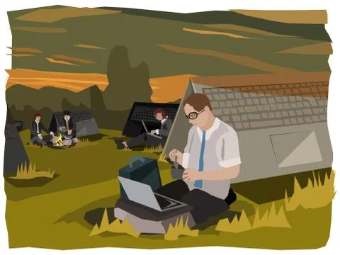 Computing digital nomads doing their businesses in front of notebook tents Stock Illustration