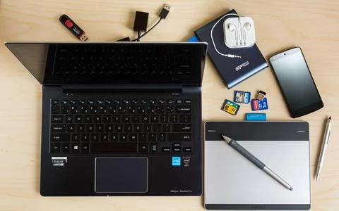  Computing equipment on desk Collection of Windows and Android computing e... Stock Photos