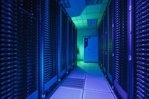 Computing facility in Texas with blue light Fotos Stock