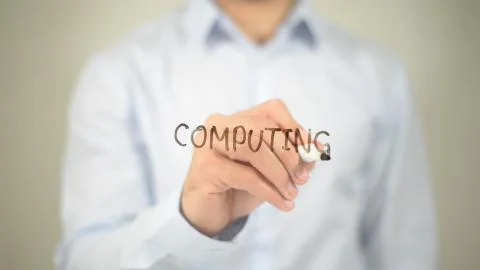 Computing, man writing on transparent screen Stock-Fotos