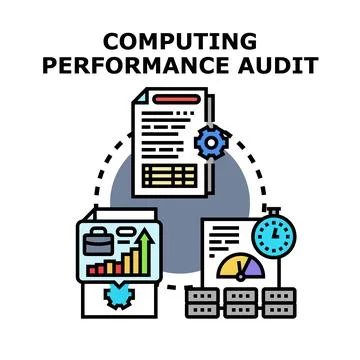 Computing performance audit analyzing data and optimizing results Stock Illustration