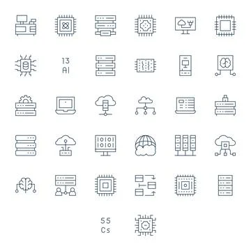 Computing PIXEL Perfect Vector Set with 32 128x128 Thin Line Icons Stock Illustration