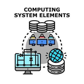 Computing system elements illustrating network and data processing Ilustración de archivo