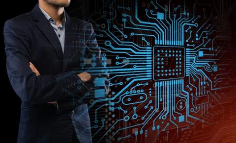 Computing technologies. Collage with businessman and glowing electronic circu 库存照片
