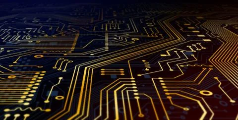 Computing technologies. Microelectronic circuit with gold lines, macro view.  Stock Illustration