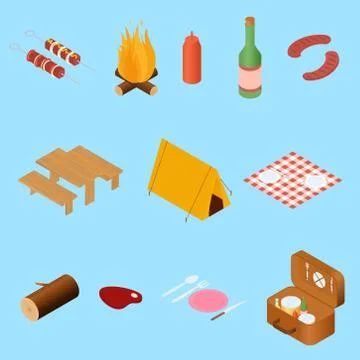 Con set camping isolated on blue. Isometric picnic Stock Illustration