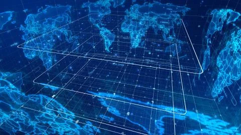 A concave 3d rendering of a digital mass media map placed askew, with a light Illustrazione stock