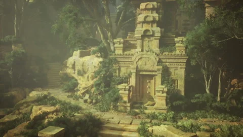 Concealed entry to sacred shrine beneath heavy leafy cover and ambient light Stock Footage 342925172