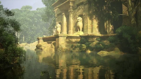 Concealed riverside paradise with decorative stonework and vibrant greenery Video stock 339625970