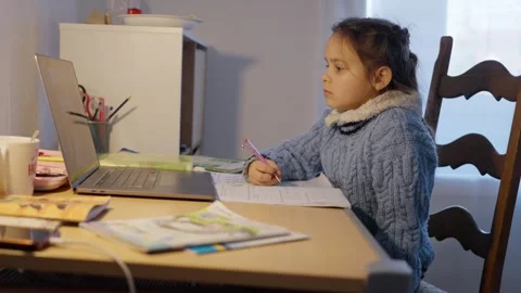 A concentrated and focused child is actively participating in virtual education Stock Footage 303709518