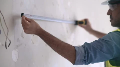 Concentrated architect in protective helmet measuring wall with white tape-line Stock Footage 243121338