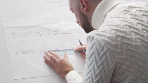 Concentrated architect works in loft using drawing board. Workplace of young Stock Footage 142581073