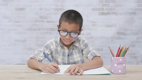 Concentrated asian boy doing homework. Stock Footage 117289849