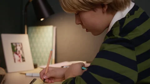 Concentrated Boy Child Solving Math Problems while Studying at Home Stock Footage 326665724